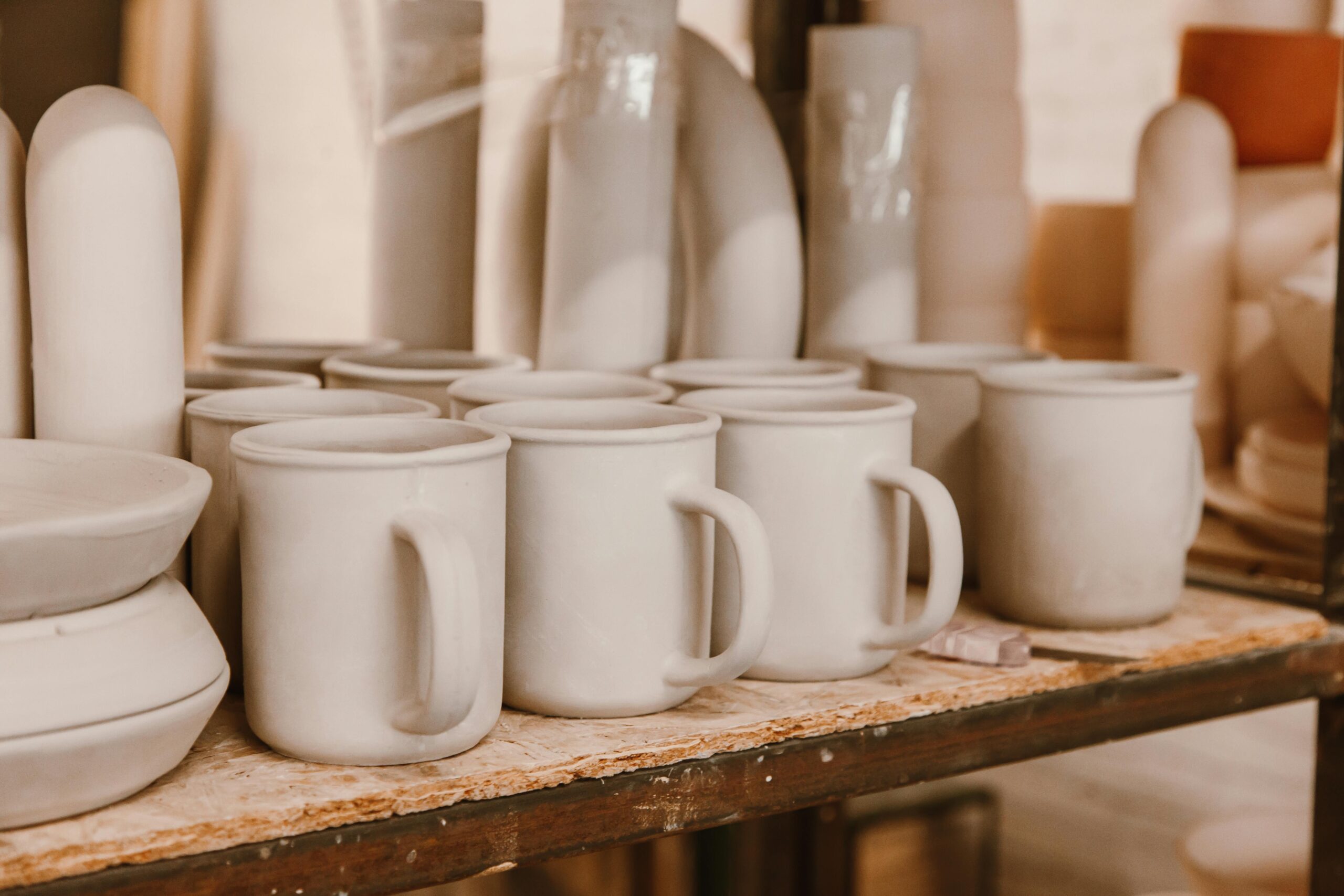 Home A collection of unfinished ceramic mugs arranged on a shelf awaiting glazing.